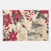 鳥と素朴ポインセチアのクリスマスパターン(12) キッチンタオル (横)