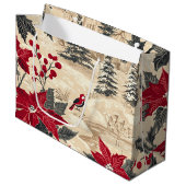 鳥と素朴ポインセチアのクリスマスパターン(12) ラージペーパーバッグ (正面アングル)