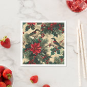 鳥と素朴ポインセチアのクリスマスパターン(13) スタンダードカクテルナプキン (インサイチュ)
