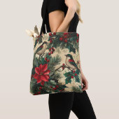 鳥と素朴ポインセチアのクリスマスパターン(13) トートバッグ (クローズアップ)