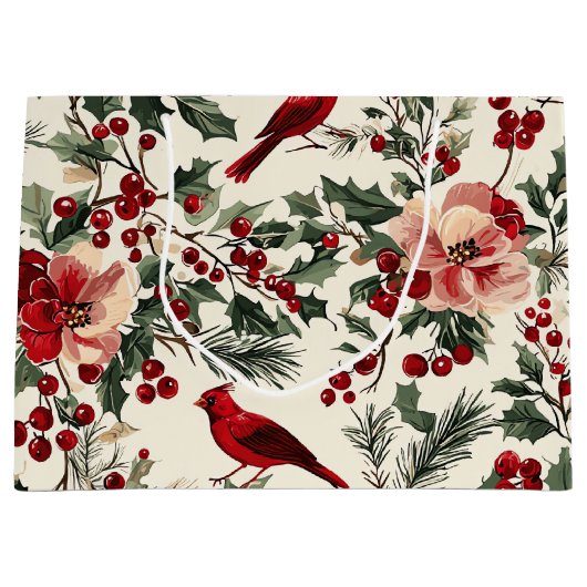 鳥と素朴ポインセチアのクリスマスパターン(14) ラージペーパーバッグ (正面)