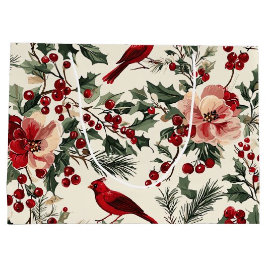 鳥と素朴ポインセチアのクリスマスパターン(14) ラージペーパーバッグ (裏面)