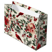 鳥と素朴ポインセチアのクリスマスパターン(14) ラージペーパーバッグ (正面アングル)