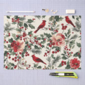 鳥と素朴ポインセチアのクリスマスパターン(14) 薄葉紙 (クラフト)