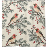 鳥と素朴ポインセチアのクリスマスパターン(16) シャワーカーテン (正面)