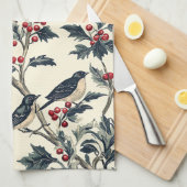 鳥と素朴ポインセチアのクリスマスパターン(18) キッチンタオル (四つ折り)