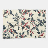 鳥と素朴ポインセチアのクリスマスパターン(18) キッチンタオル (横)