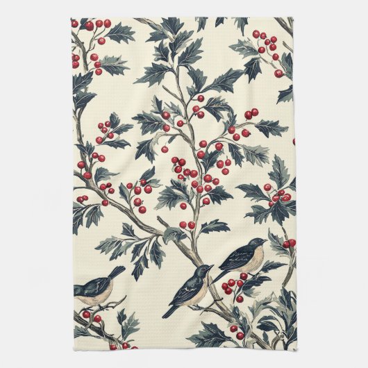 鳥と素朴ポインセチアのクリスマスパターン(18) キッチンタオル (縦)