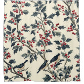 鳥と素朴ポインセチアのクリスマスパターン(18) シャワーカーテン (正面)