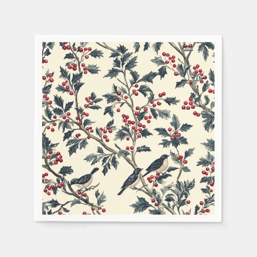 鳥と素朴ポインセチアのクリスマスパターン(18) スタンダードカクテルナプキン (正面)