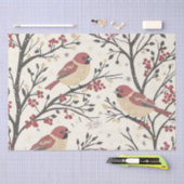 鳥と素朴ポインセチアのクリスマスパターン(1) 薄葉紙 (クラフト)