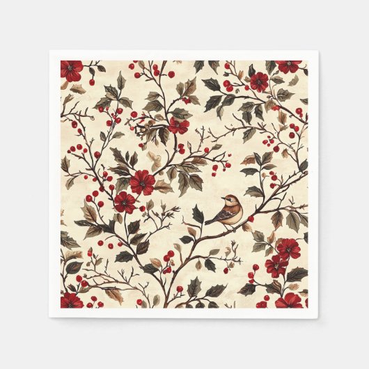 鳥と素朴ポインセチアのクリスマスパターン(22) スタンダードカクテルナプキン (正面)