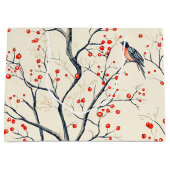鳥と素朴ポインセチアのクリスマスパターン(2) ラージペーパーバッグ (正面)