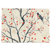 鳥と素朴ポインセチアのクリスマスパターン(2) ラージペーパーバッグ (裏面)