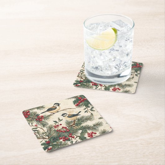 鳥と素朴ポインセチアのクリスマスパターン(8) スクエアペーパーコースター (インサイチュ)