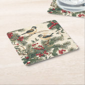 鳥と素朴ポインセチアのクリスマスパターン(8) スクエアペーパーコースター (アングル)