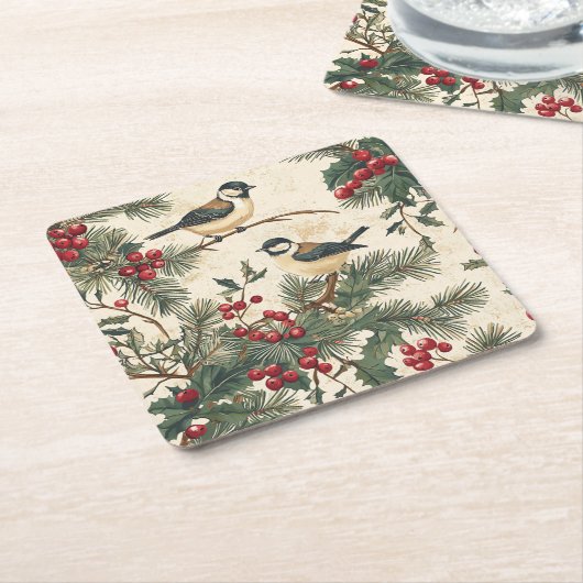 鳥と素朴ポインセチアのクリスマスパターン(8) スクエアペーパーコースター (アングル)
