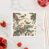 鳥と素朴ポインセチアのクリスマスパターン(8) スタンダードカクテルナプキン (インサイチュ)