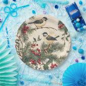 鳥と素朴ポインセチアのクリスマスパターン(8) ペーパープレート (パーティー)