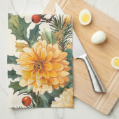 鳥と素朴ポインセチアのクリスマスパターン(9) キッチンタオル (四つ折り)