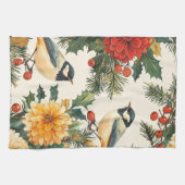 鳥と素朴ポインセチアのクリスマスパターン(9) キッチンタオル (横)