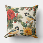 鳥と素朴ポインセチアのクリスマスパターン(9) クッション (正面)