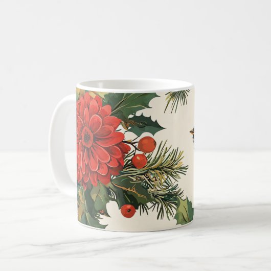 鳥と素朴ポインセチアのクリスマスパターン(9) コーヒーマグカップ (正面左)