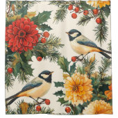 鳥と素朴ポインセチアのクリスマスパターン(9) シャワーカーテン (正面)