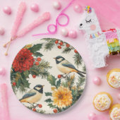 鳥と素朴ポインセチアのクリスマスパターン(9) ペーパープレート (パーティー)