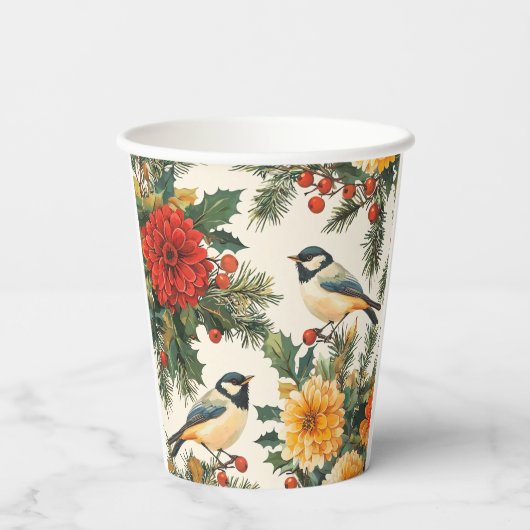 鳥と素朴ポインセチアのクリスマスパターン(9) 紙コップ (裏面)