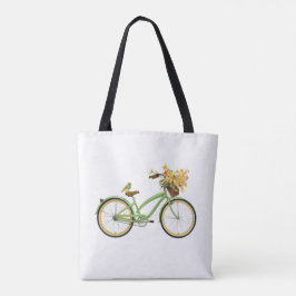 鳥と花かごの自転車 グリーンイエロー トートバッグ