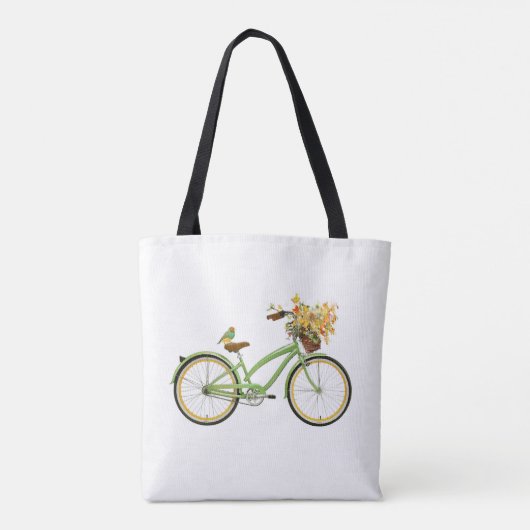 鳥と花かごの自転車 グリーンイエロー トートバッグ (裏面)