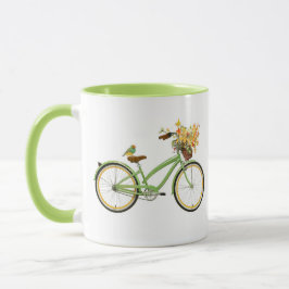 鳥と花かごの自転車 グリーンイエロー マグカップ