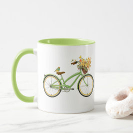 鳥と花かごの自転車 グリーンイエロー マグカップ