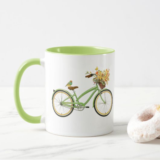 鳥と花かごの自転車 グリーンイエロー マグカップ (ドーナツ)