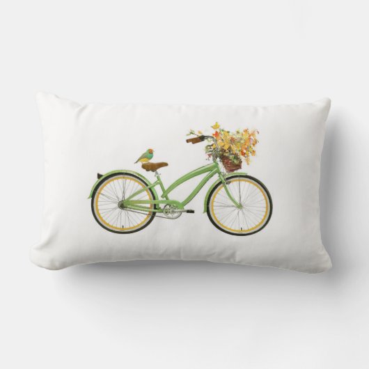 鳥と花かごの自転車 グリーンイエロー ランバークッション (正面)