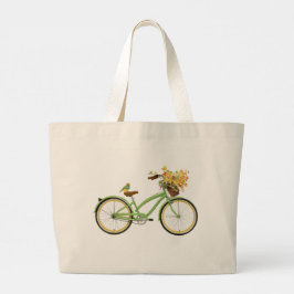 鳥と花かごの自転車 グリーンイエロー ラージトートバッグ