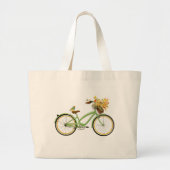 鳥と花かごの自転車 グリーンイエロー ラージトートバッグ (正面)