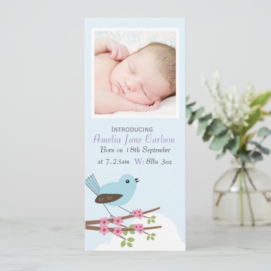 鳥と花のカスタム写真誕生のお知らせ 招待状 (スタンド正面)