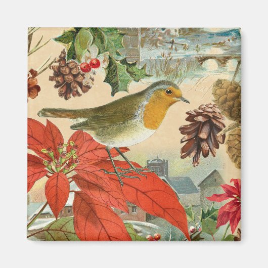 鳥と花のビンテージ クリスマスマグネット マグネット (正面)