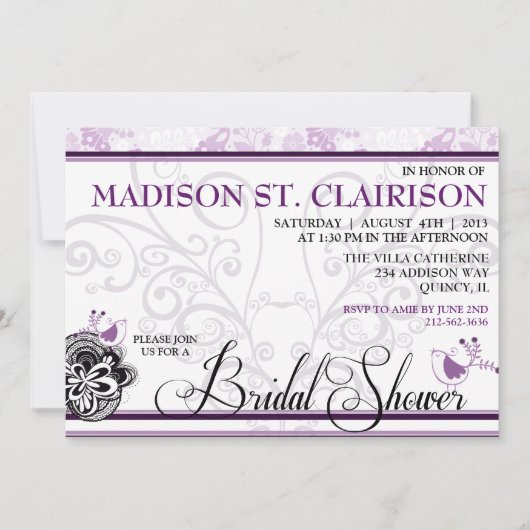 鳥と花のブライダファンシールシャワーの招待 招待状 (正面)