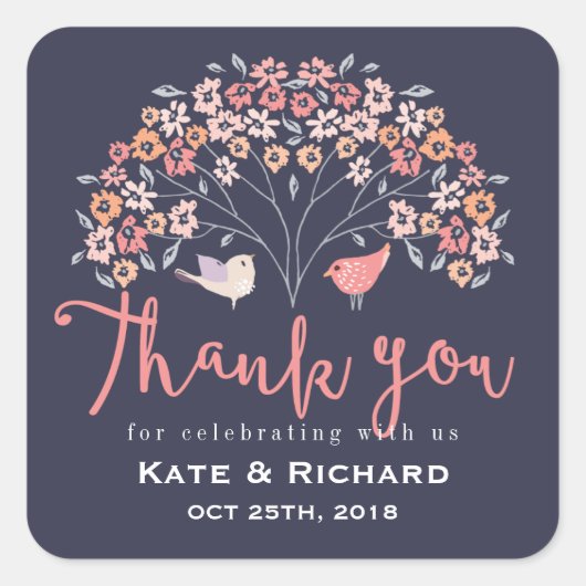 鳥と花の台本ありがとう結婚ステッカー スクエアシール (正面)