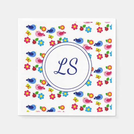 鳥と花の春模様ホワイト スタンダードカクテルナプキン (正面)