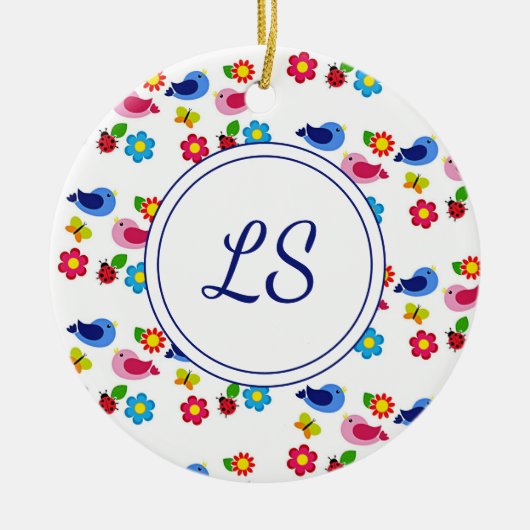 鳥と花の春模様ホワイト セラミックオーナメント (正面)