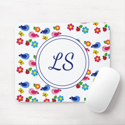 鳥と花の春模様ホワイト マウスパッド (マウス)