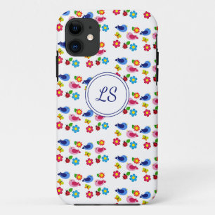 鳥と花の春模様ホワイト iPhone 11 ケース