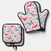鳥と花の水の色パターン 鍋つかみ&鍋敷きセット (正面/裏面)