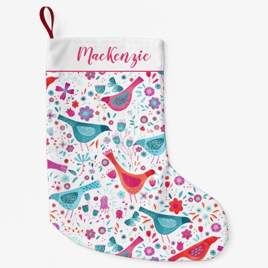 鳥と花の水の色パーソナライズされた スモールクリスマスストッキング (正面)