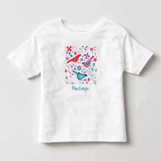 鳥と花の水の色パーソナライズされた トドラーTシャツ (正面)