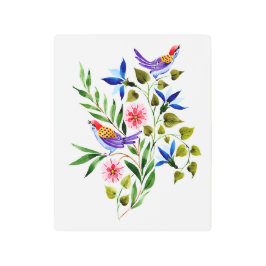 鳥と花の水彩アート絵画ズ メタルプリント